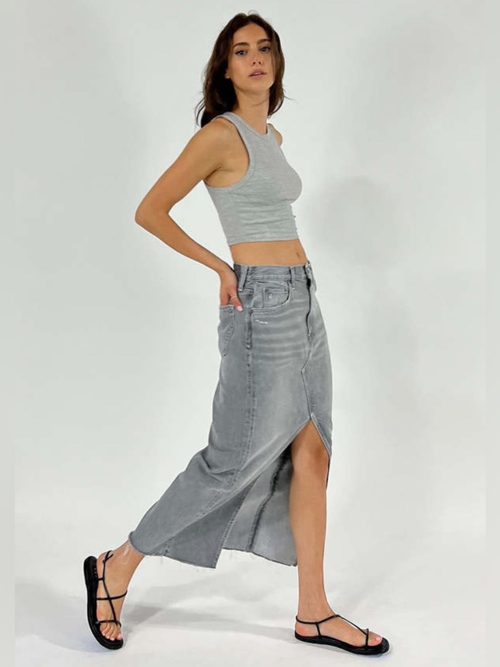 Etica Gray Katina Maxi Denim Skirt with Front Slit - Picture 2 of 11